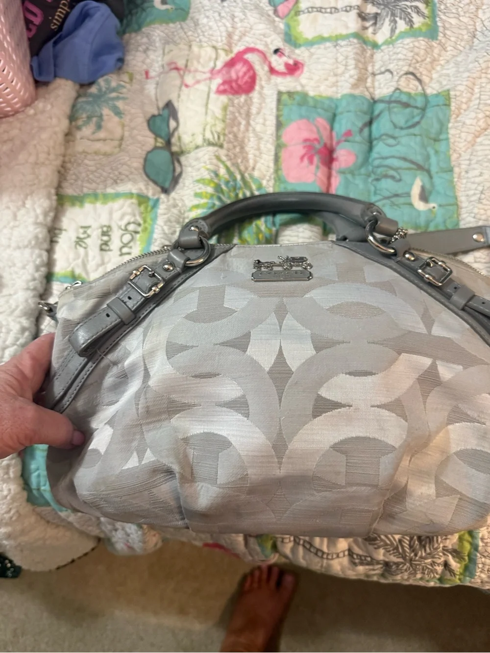 Coach Neutral Signature Jacquard Hobo with Taupe Trim